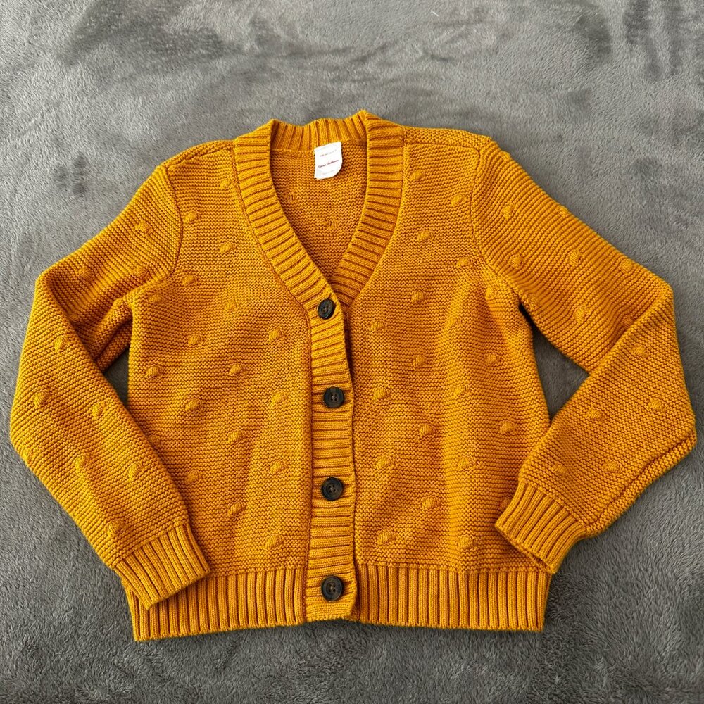 Hanna Andersson Mustard Yellow Sweater Cardigan size 6/7 120 Swiss Dot